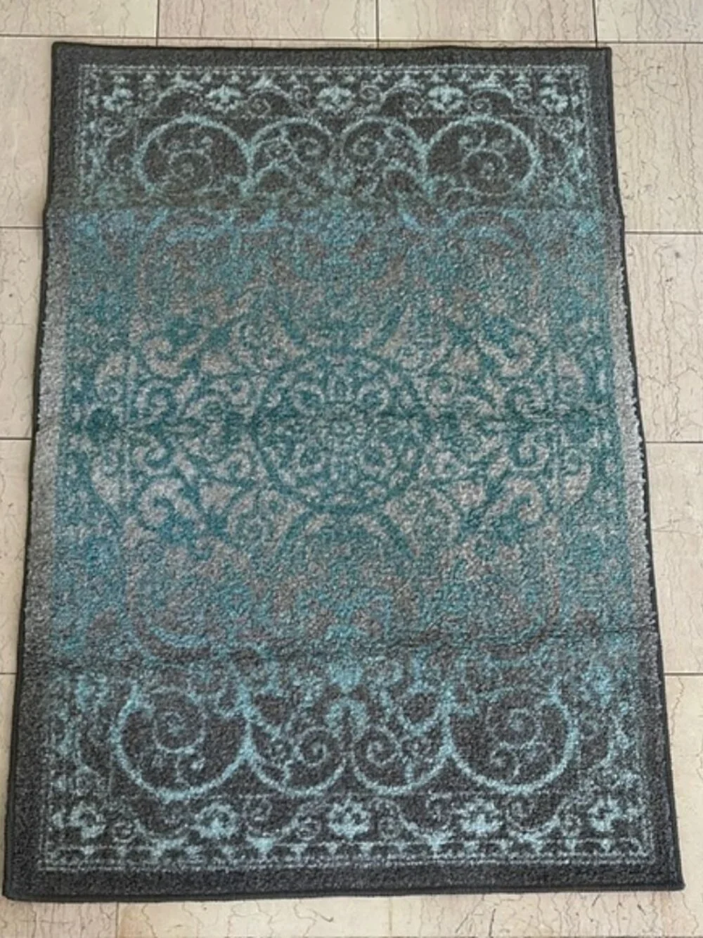 Elegant Blue Gray Scroll Damask Patterned Accent Rug 30x46 Small Area Door Mat